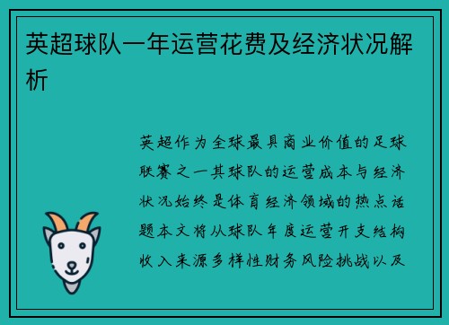 英超球队一年运营花费及经济状况解析